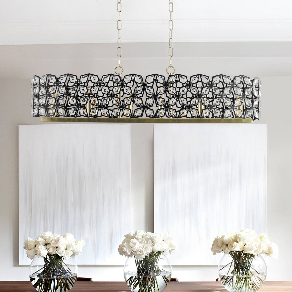 Lustre de 39" en cristal contemporain et pendentif en or noir – Fixation de lumière moderne géométrique