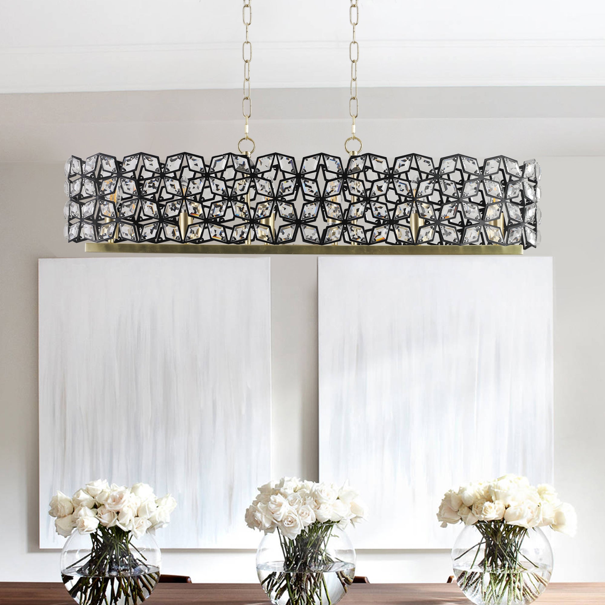 Lustre de 39" en cristal contemporain et pendentif en or noir – Fixation de lumière moderne géométrique
