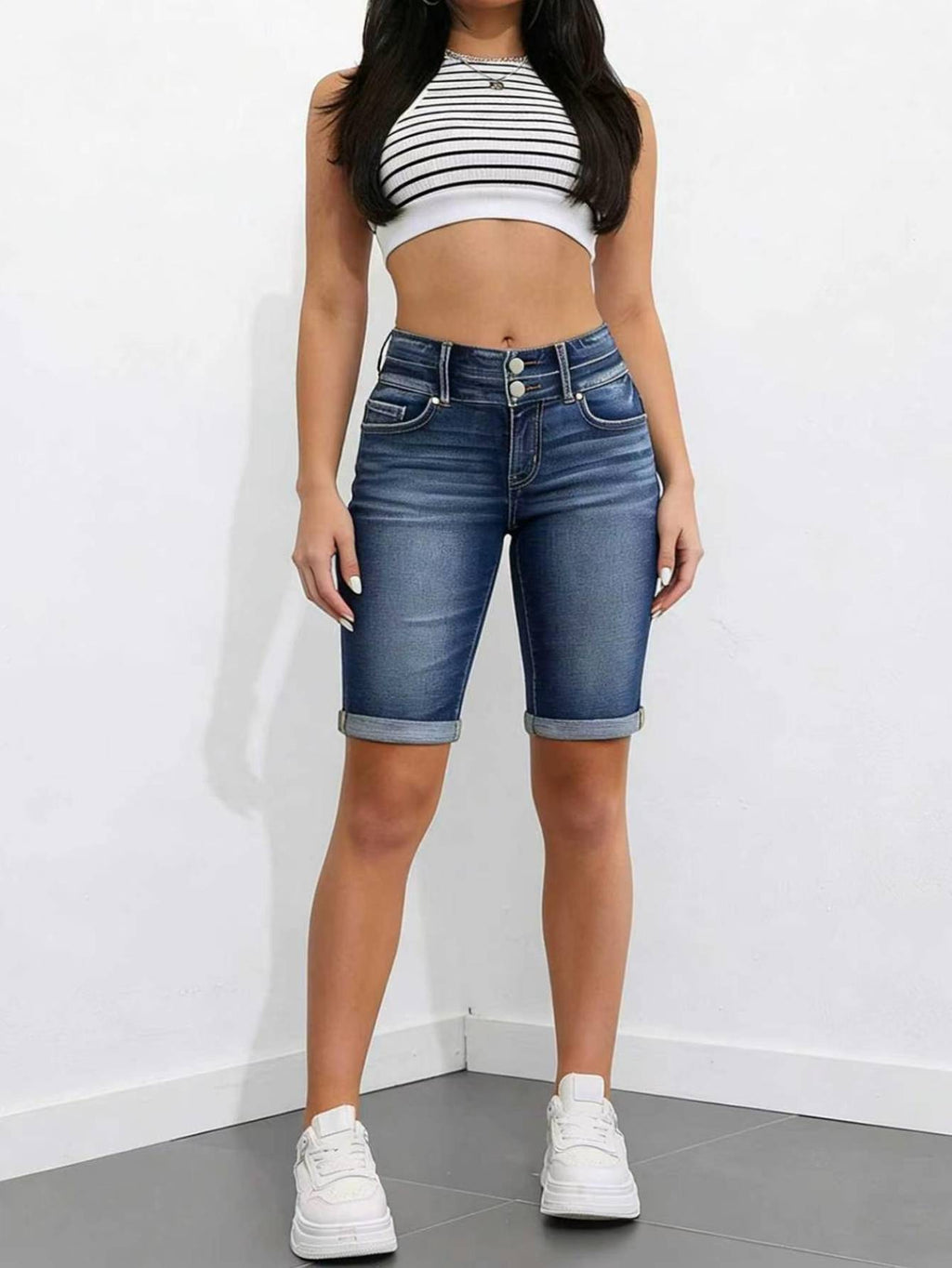 Dark Wash Double Button High Waist Denim Bermuda Shorts Women Cuffed Hem Slim Knee Length