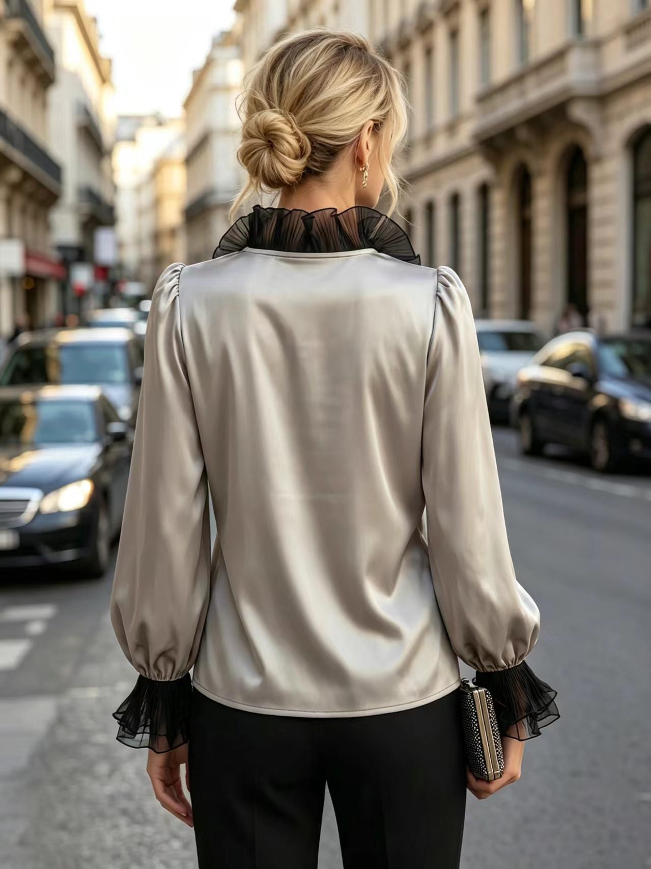 Mode femme Style européen et américain Acétate Satin Solid Couleur V-Neck Manches longues R