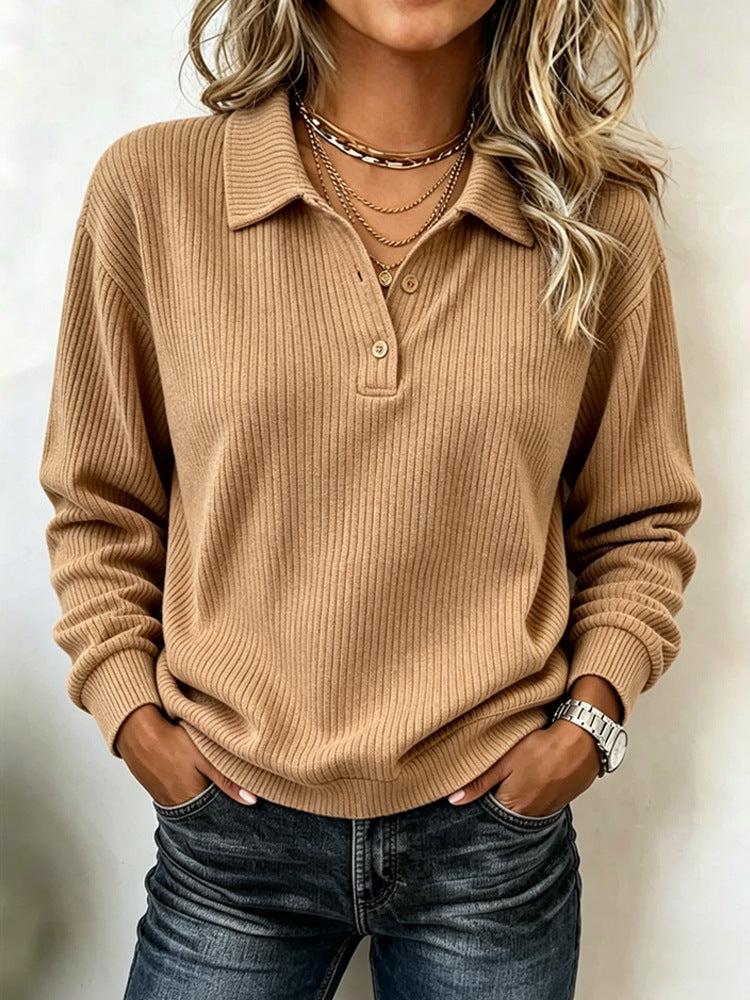 Femmes Lapel à rayures verticales demi-bouton tricoté manches longues Top
