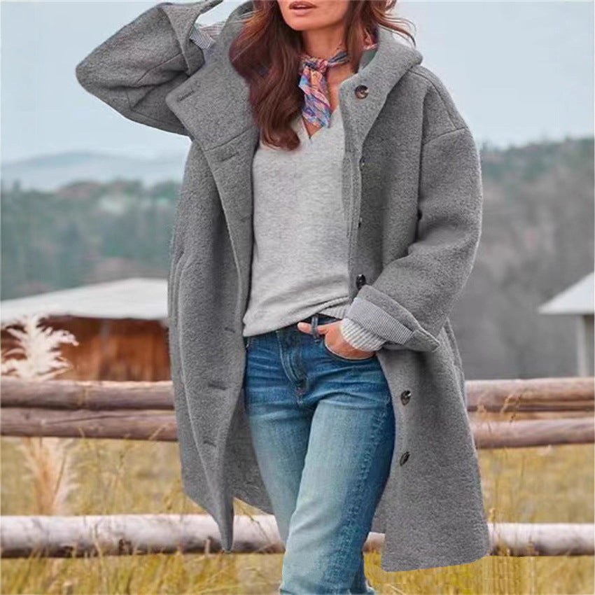 L'automne et l'hiver Veste populaire pour femmes Amazon Long-Sleeved Woolen à capuche longue