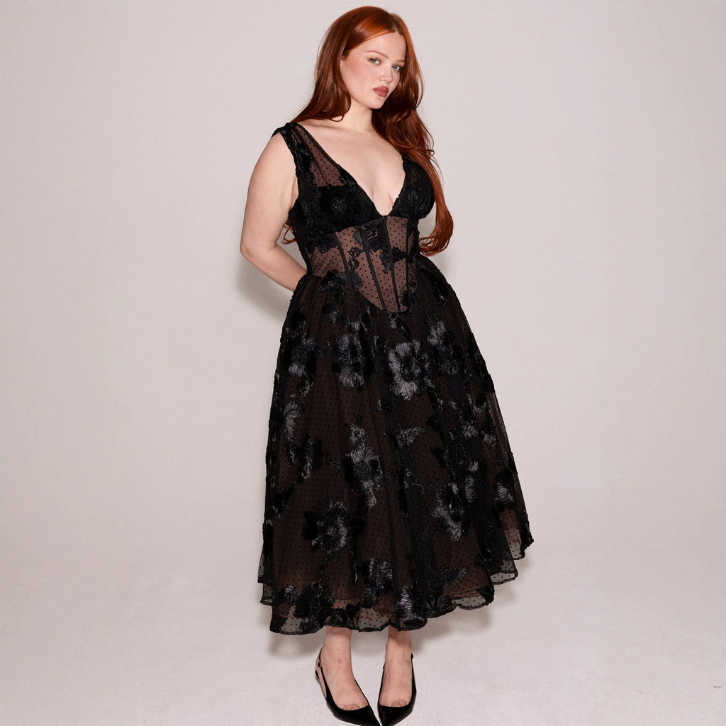 Black Deep V-Neck Mesh A-Line High-End Evening Dress