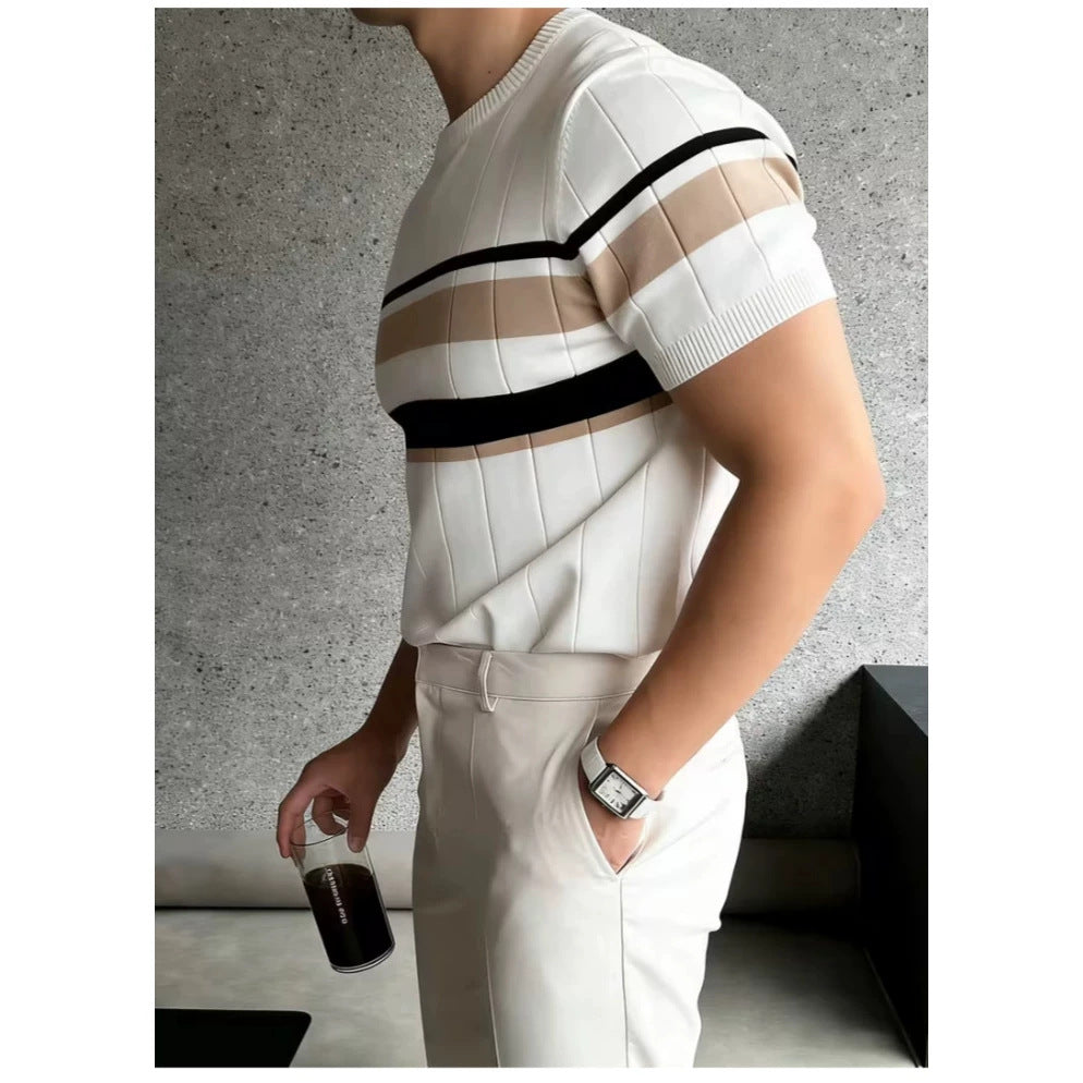 Couleur-Block rayés hommes tricoté manches courtes supérieur casual