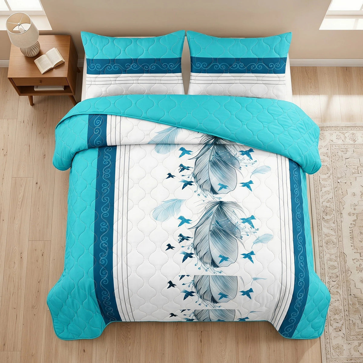 3-Piece bleu et blanc plume Star couvre-lit matelassé pour roi et roi de Californie