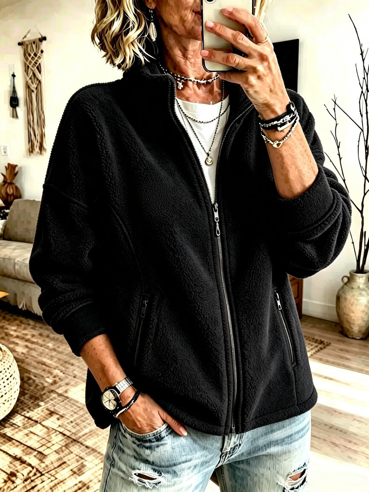 En stock European and American Autumn And Winter Stand-up Collier Full-zip Fleece Anti-thef