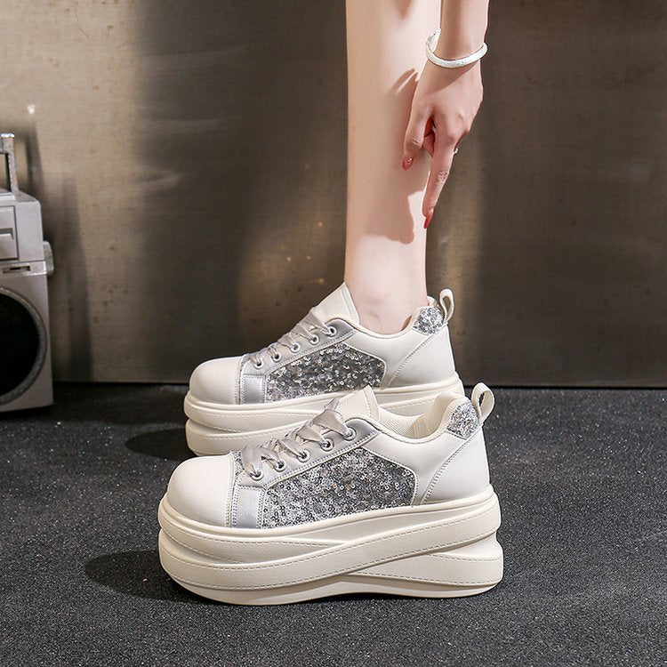 Femmes Glitter Sequin Panel Platform Sneakers Faux Cuir Multi Layer Épaisseur Dentelle C