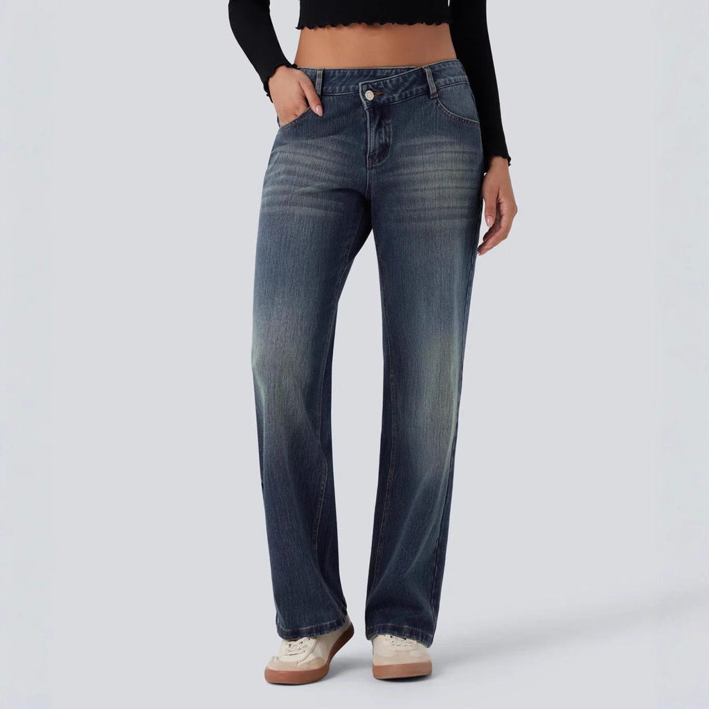 Jeans asymétriques à bouton-volant