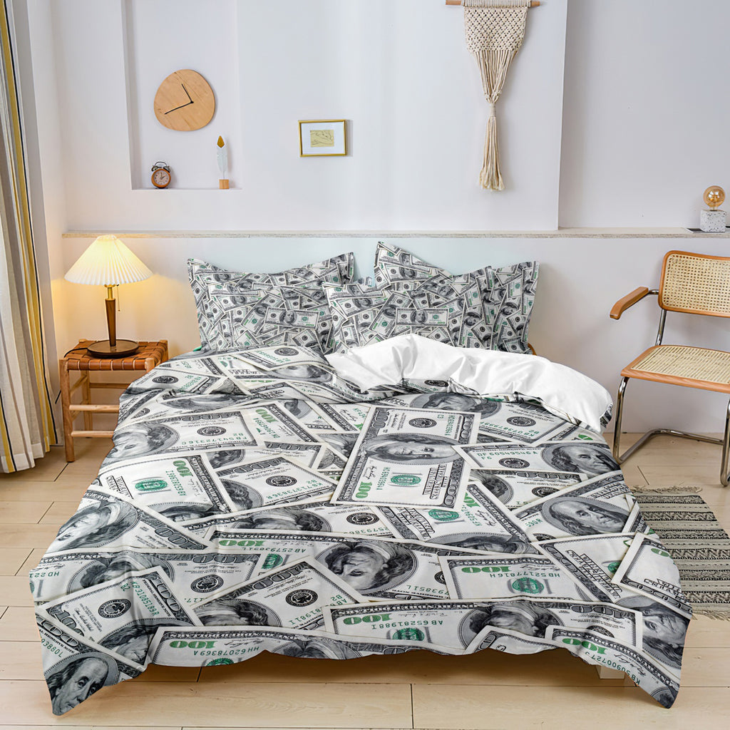 Three-piece dollar bill-themed bedding set