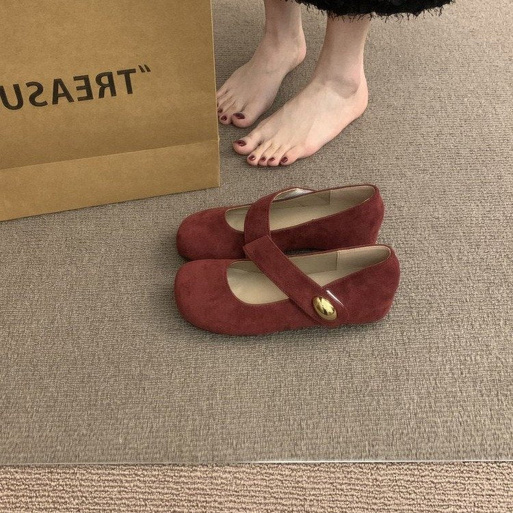 Femmes Suede Rouge Mary Jane Chaussures Printemps Automne Une Bande Velcro Chaussures Plats pour Matching Dr