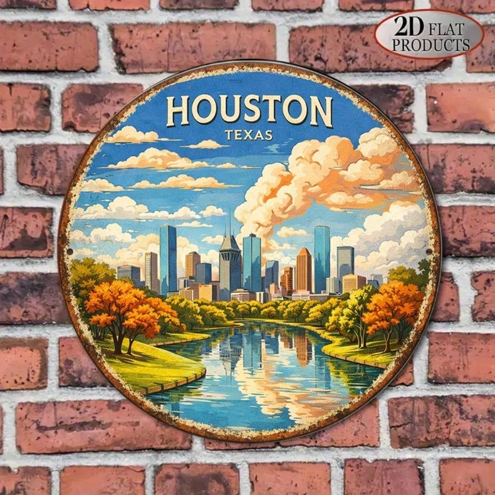 8x8in Houston Texas Cityscape Vintage rond panneau de décoration murale