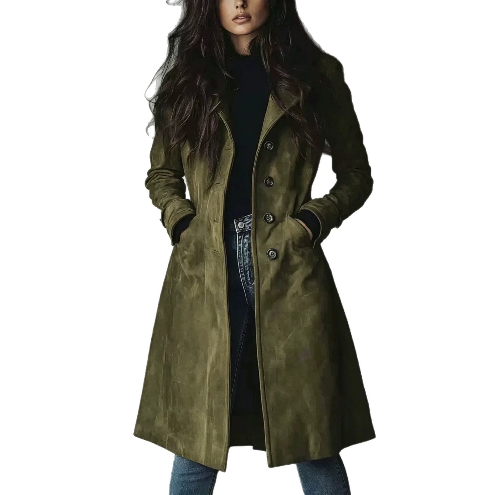 European American Style Women's Fall Winter Lapel Suede Mid-Length Trench Coat