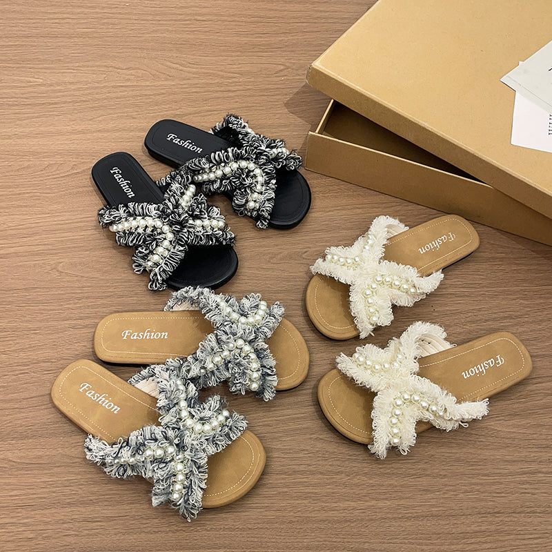 Femmes Boho Seaside Pearl Starfish Diapositive Sandales Correspondance quotidienne