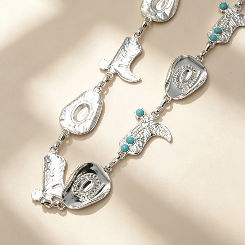 American Western Cowboy Waist Chain avec chapeau en métal turquoise et pendentifs de bottes