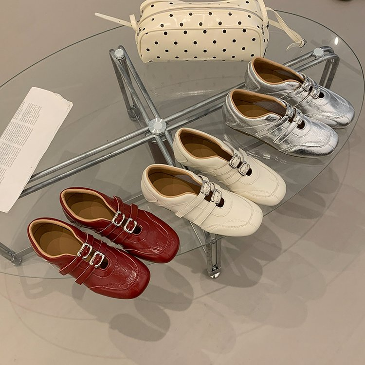 Printemps Summer Square Toe Ballet Style Mary Jane Chaussures Femmes Double Strap Buckle Low Cut Fl