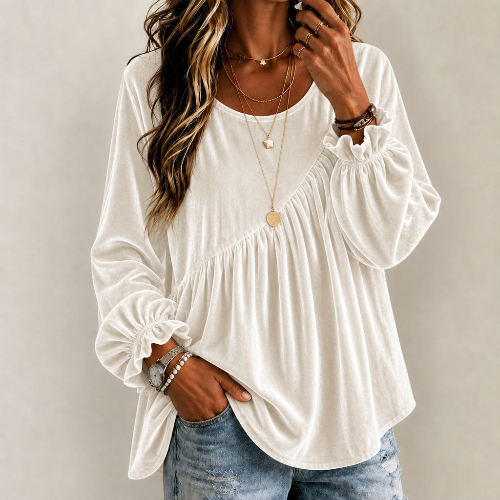 Velours de couleur unie Col d'équipage Manches longues Relaxed-fit Asymétrique Ruffled Top