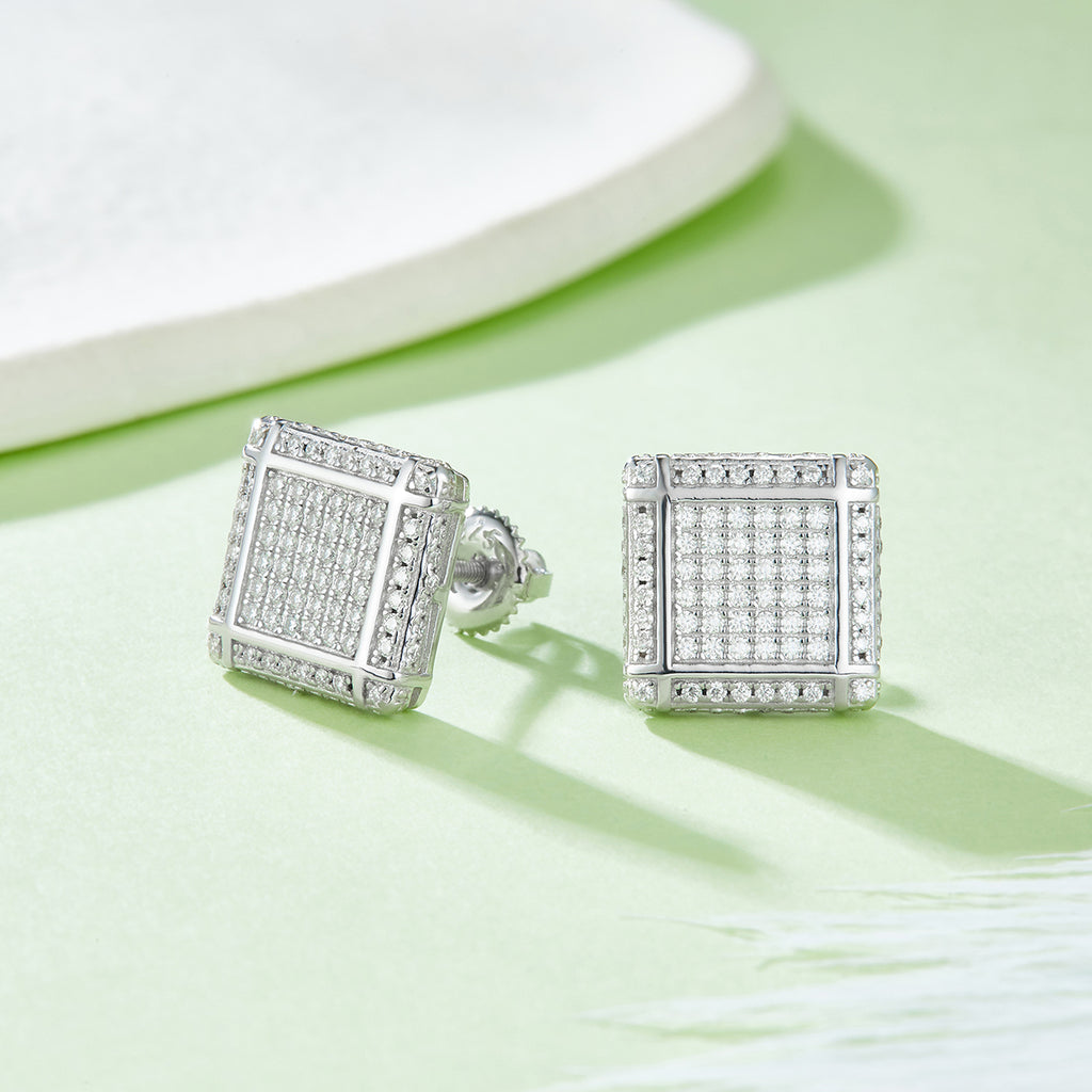 S925 Argent Sterling 176pcs D Couleur VVS1 Moissanite Boucles d'oreilles carrées 3D 11,5mm Vis arrière H