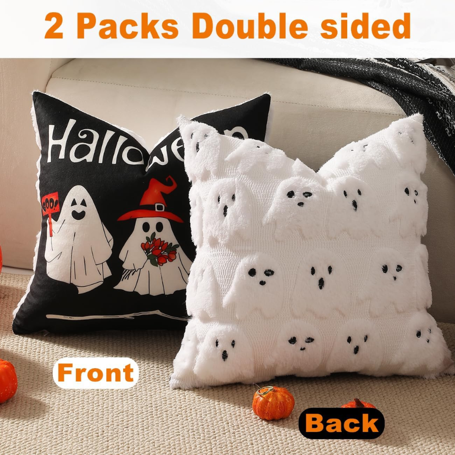 Oreiller d'Halloween couvre 18x18 2Pcs double face mignon Ghost Decor