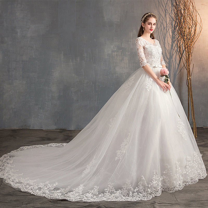 Robe de mariée Trailing Deep V Col Dentelle Haute Robe de mariée à manches longues