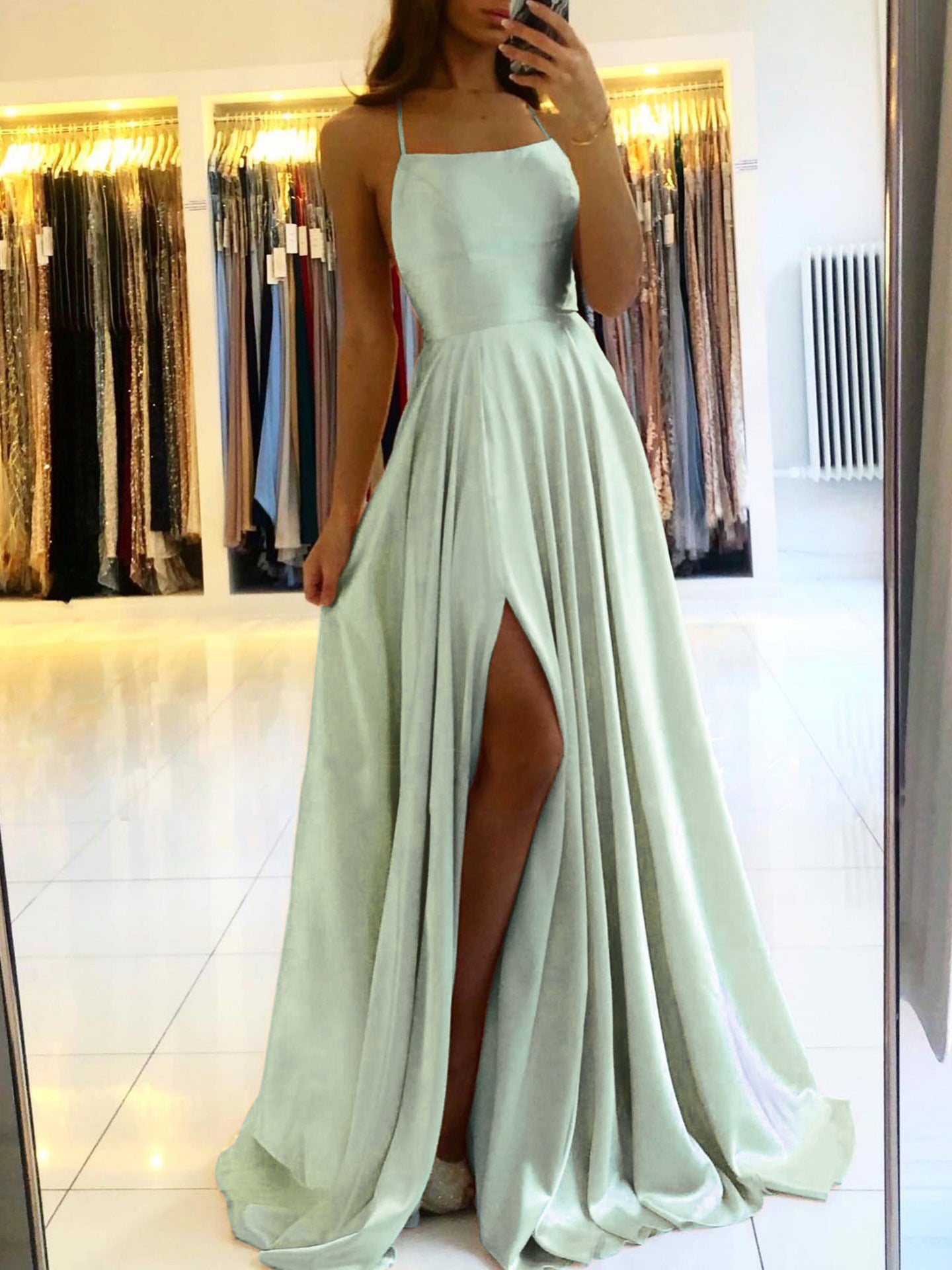 Robe de style européen et américain longue d'Amazon Slim Strap dos à dos Robe haute fente Danc