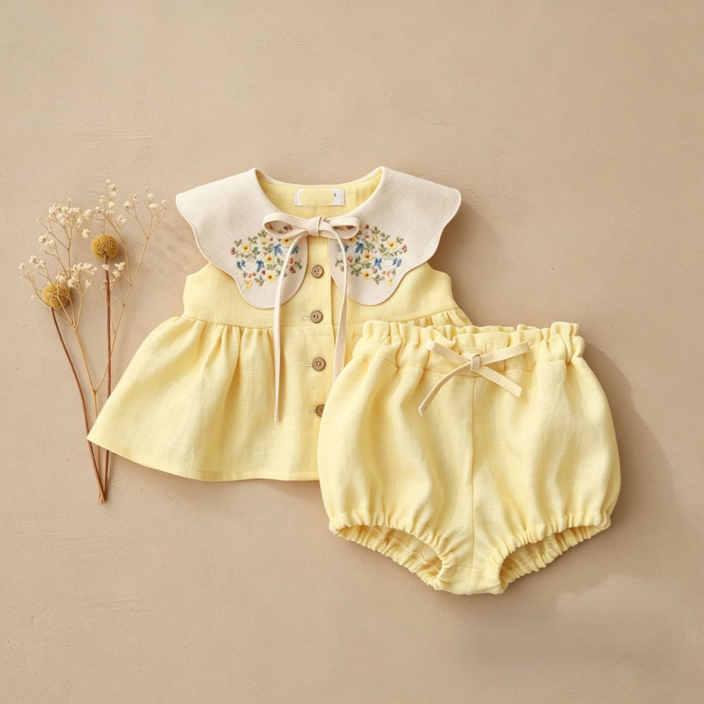 Enfants sans manches Broded-Neck Top et shorts ensemble à deux pièces