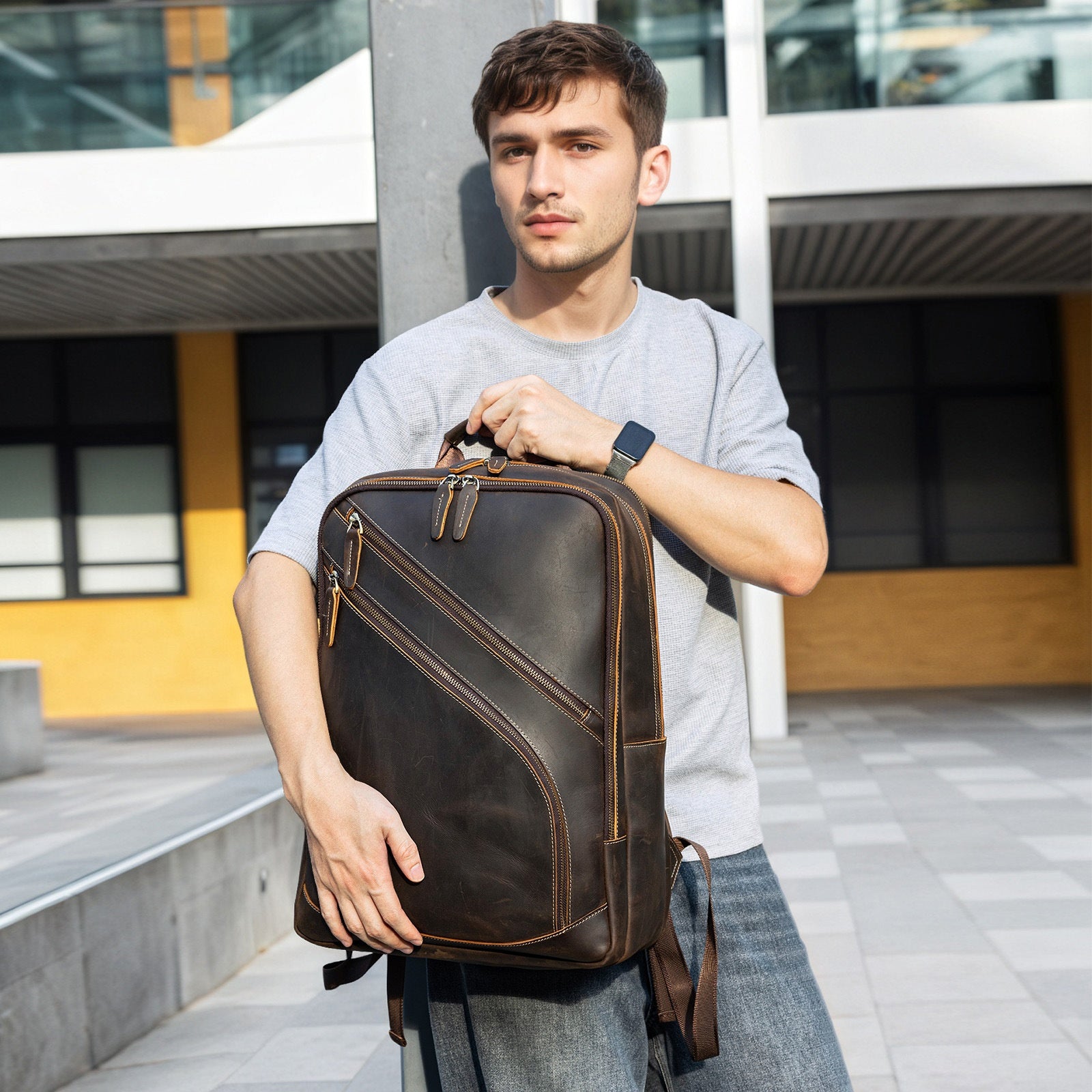 Commerce extérieur Sac à dos pour hommes en cuir de cheval fou le mieux vendu