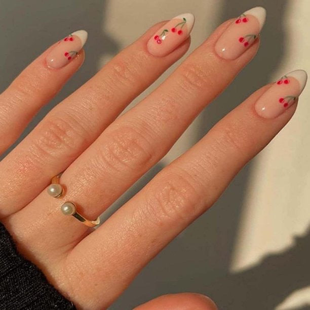 Cerise française amande-forme amovible Conseils de ongles ensemble longue durée délicate et style fille