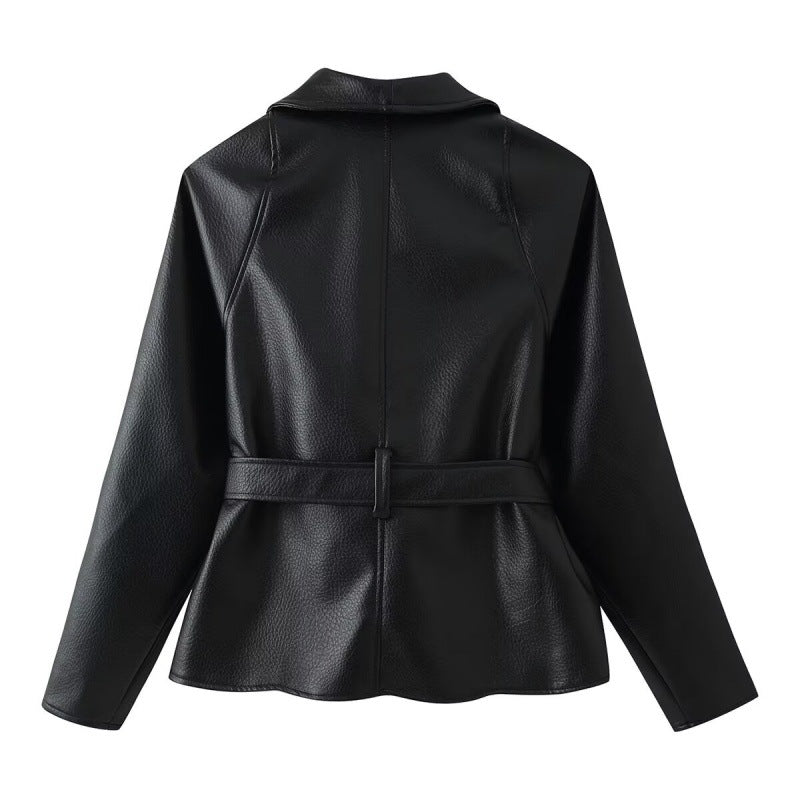 Dentelle PU Veste en cuir pour femmes Veste en cuir court avec conception de cravate