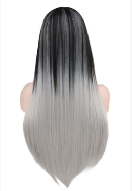 Wig 68cm long straight hair for women black gray gradient color high temperature synthetic fiber