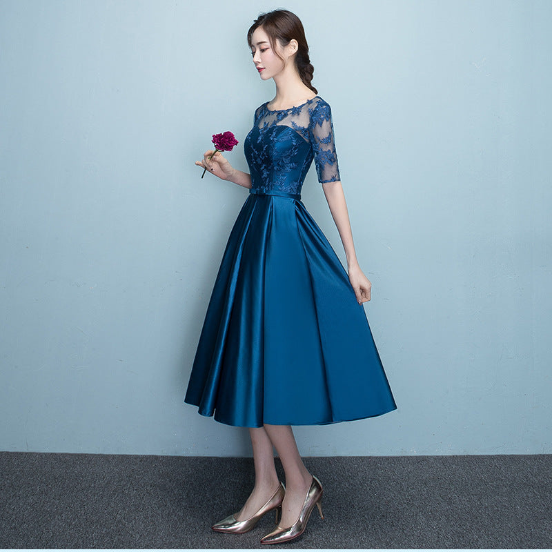 Western Style Banquet d'été mi-longueur Elegant Party Blue Slim-looking Annual Party Eveni