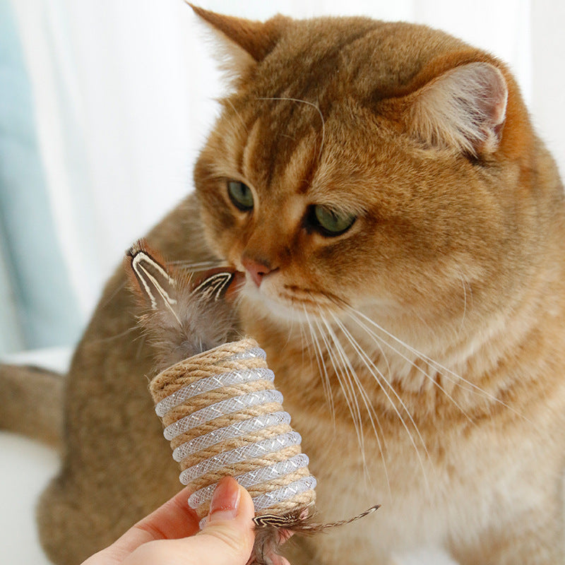 Jouet avec plumes de chat Rope de chanvre pour griffe auto-agrippante Rouleau sonore pour animaux de compagnie Bi