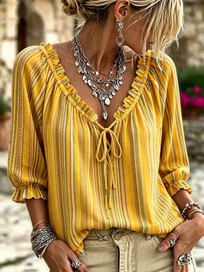 T-shirt V-Neck à manches rayées imprimé pour femmes