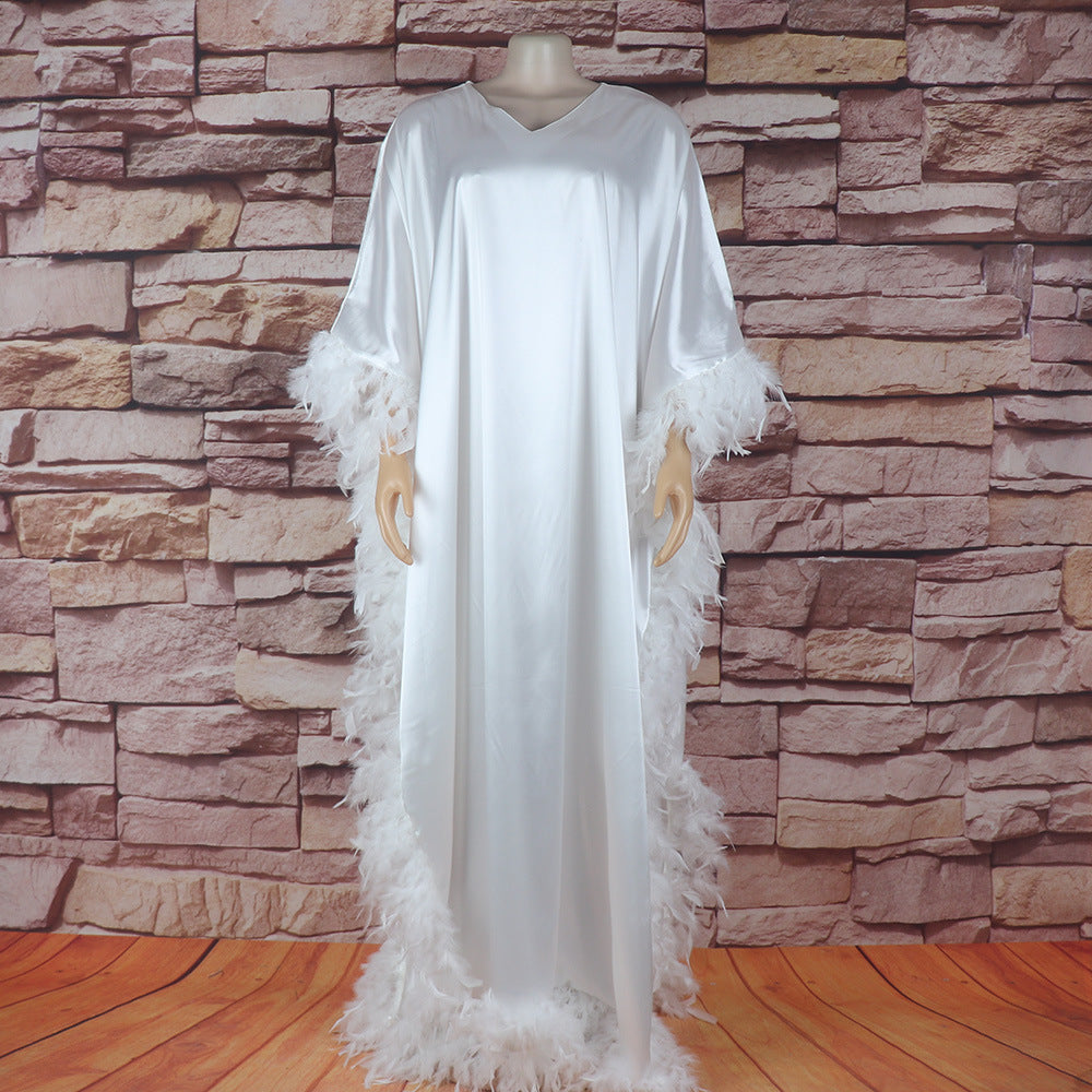 Robe décontractée pour femmes africaines Robe de luxe entièrement encerclée en plumes claires Bâtir Manche haute fente