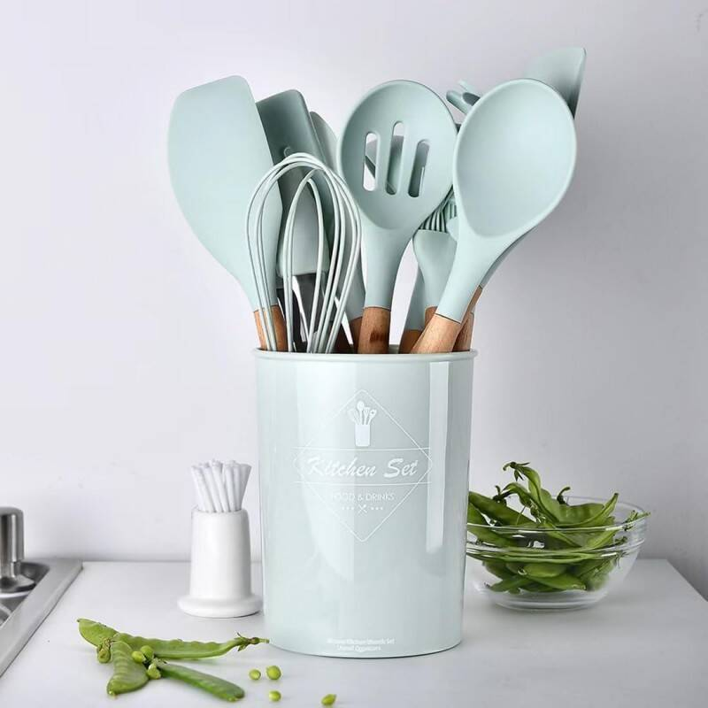 Ustensile de cuisine ensemble 12 PCS Silicone outils de cuisine avec poignée en bois