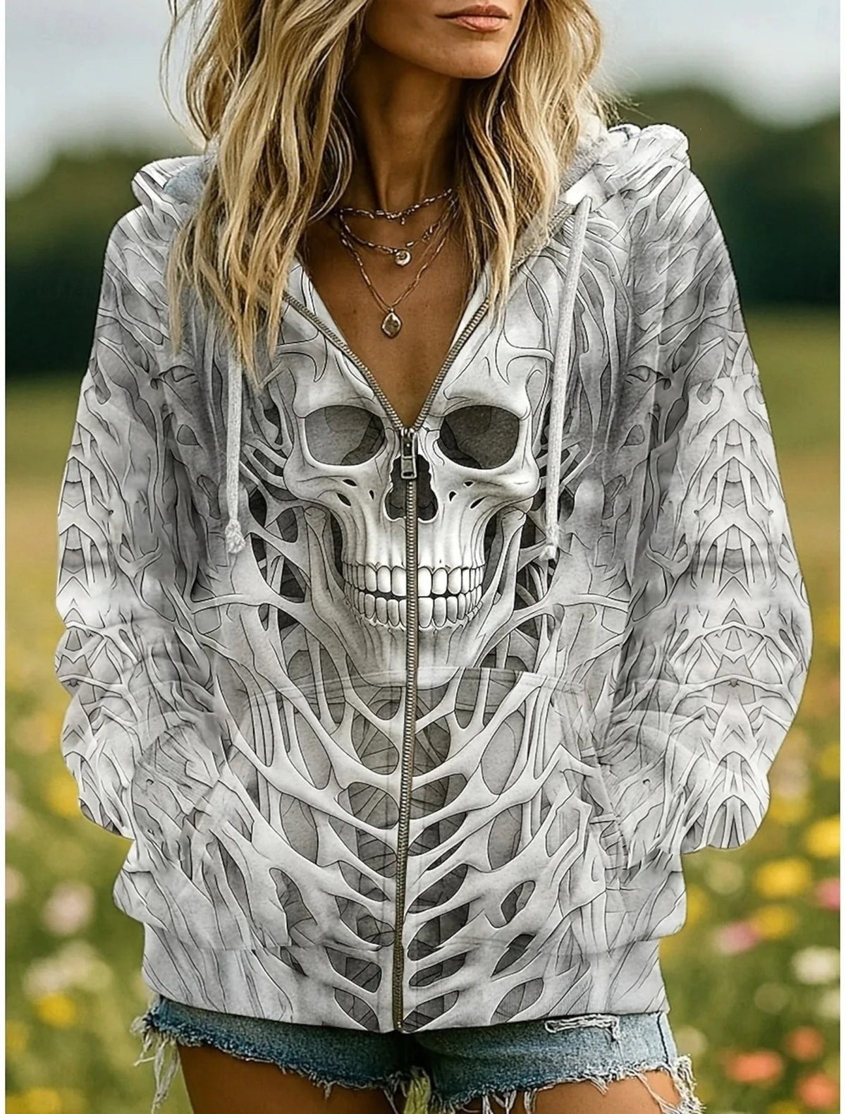 European And American Style Halloween à capuche Cardigan Femme Top Creative Skull Floral Wi