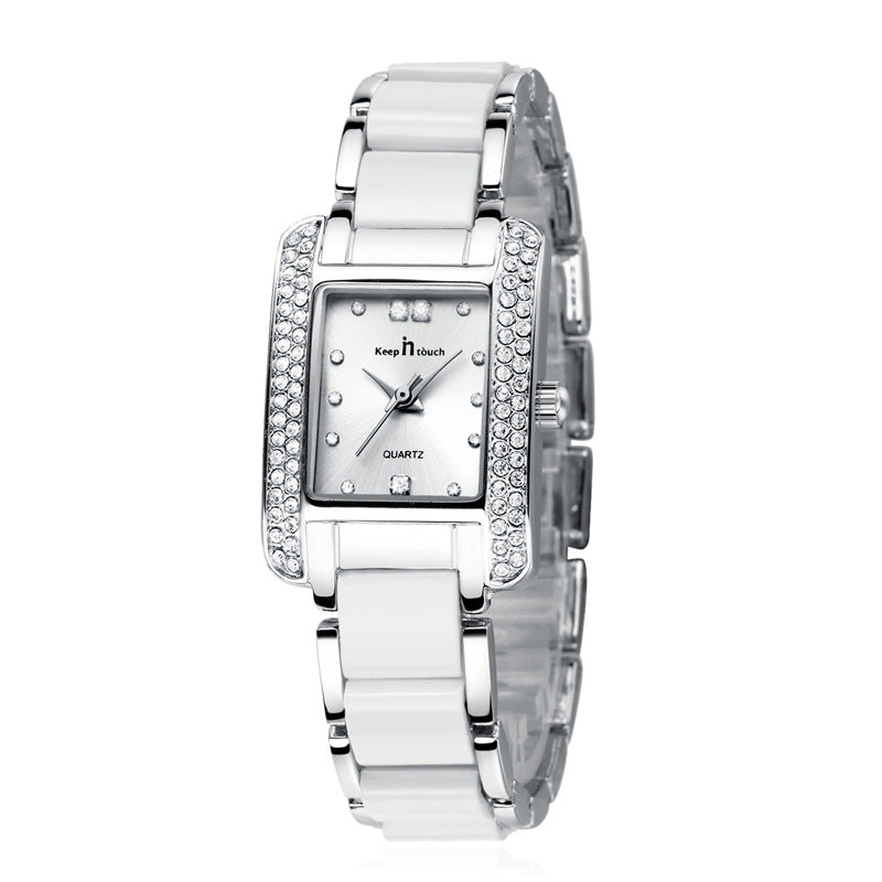 Femmes High End Quartz Square Montre avec look céramique et diamants Accents