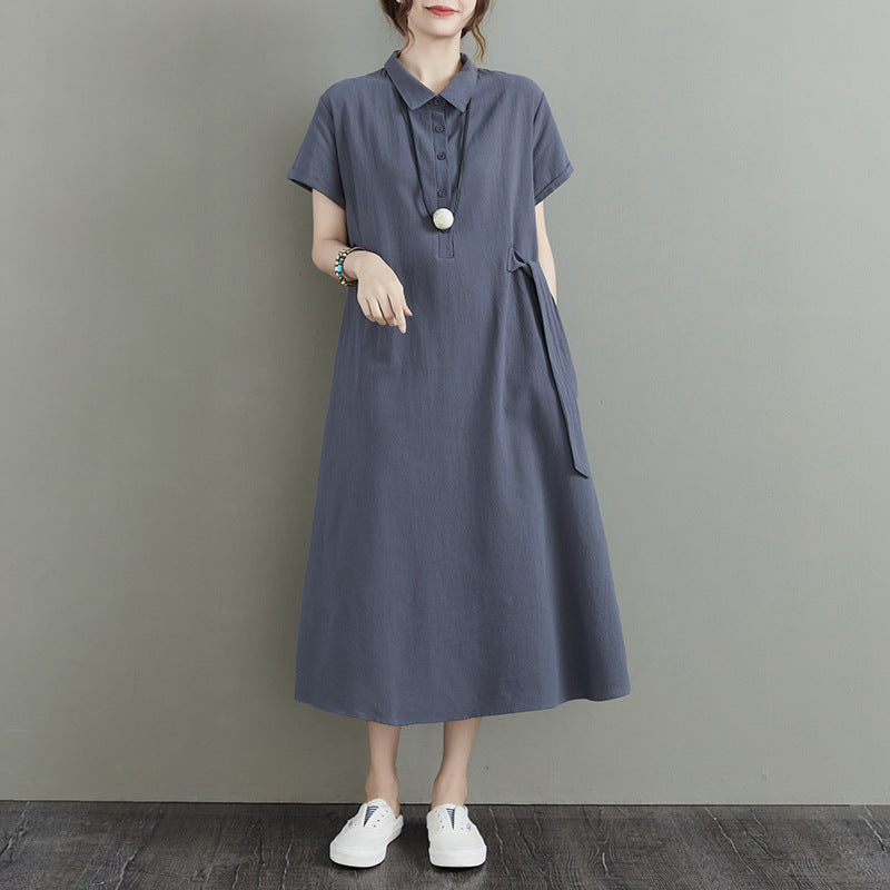 Japonaise Solid Color Coton et Lin Lapel Manches courtes Robe décontractée de poche pour femmes