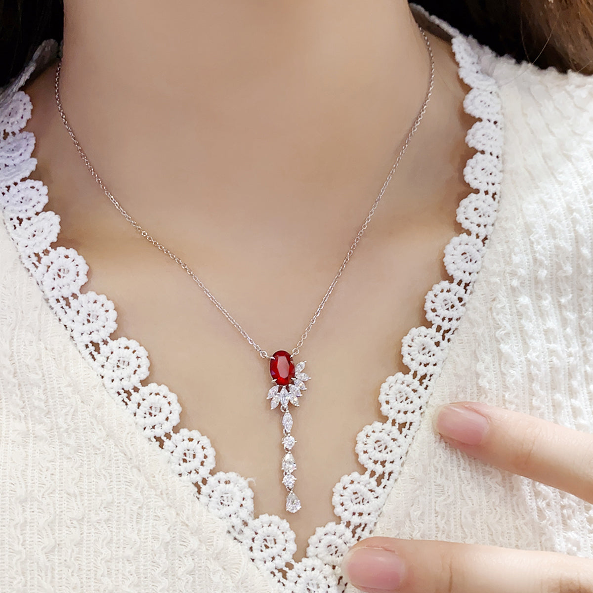 S925 Argent 4.3g Ruby Paraiba Lariat Collier créé en laboratoire