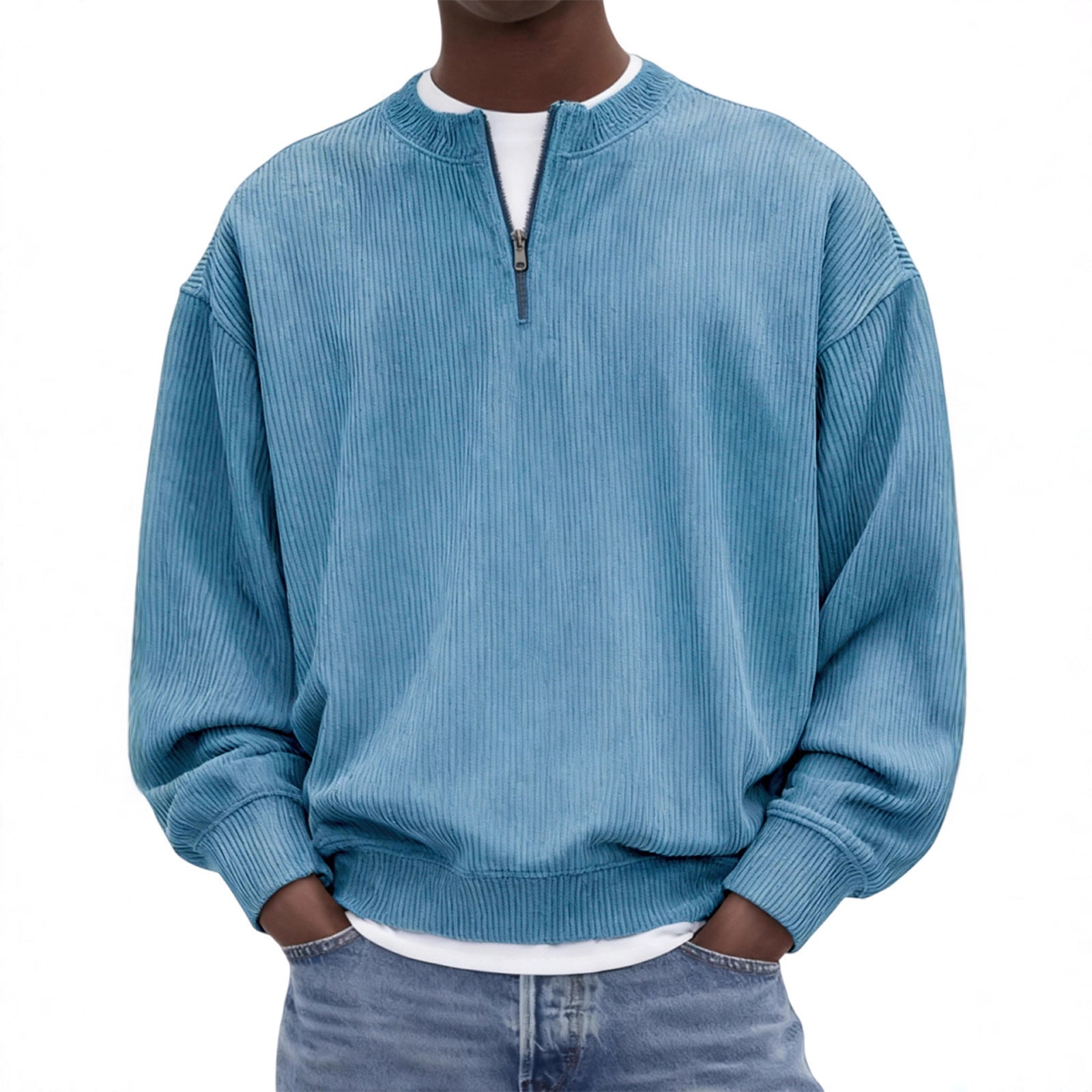 Casual hommes manches longues Corduroy Top avec un collier debout et une demi-zip