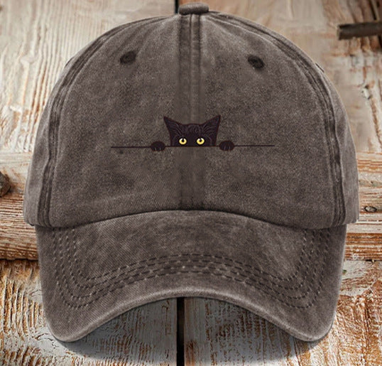 Chapeau en coton lavé imprimé chat avec une finition difficile