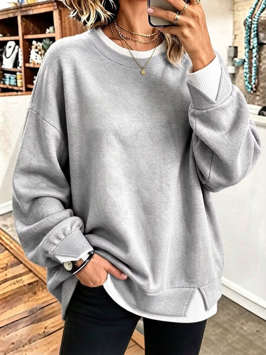 Col rond Patchwork à manches longues Pullover Sweatshirt de couleur unie