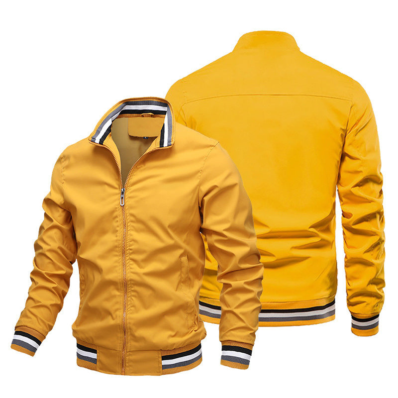 Hommes Striped Rib Stand Collar Bomber Jacket Solid Black Zip Up Lightweight Windbreaker Stri