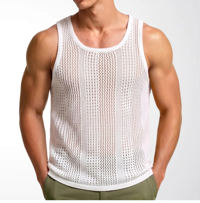Été hommes sans manches Knit Hollow-out Deep U-Neck Casual Tank Top
