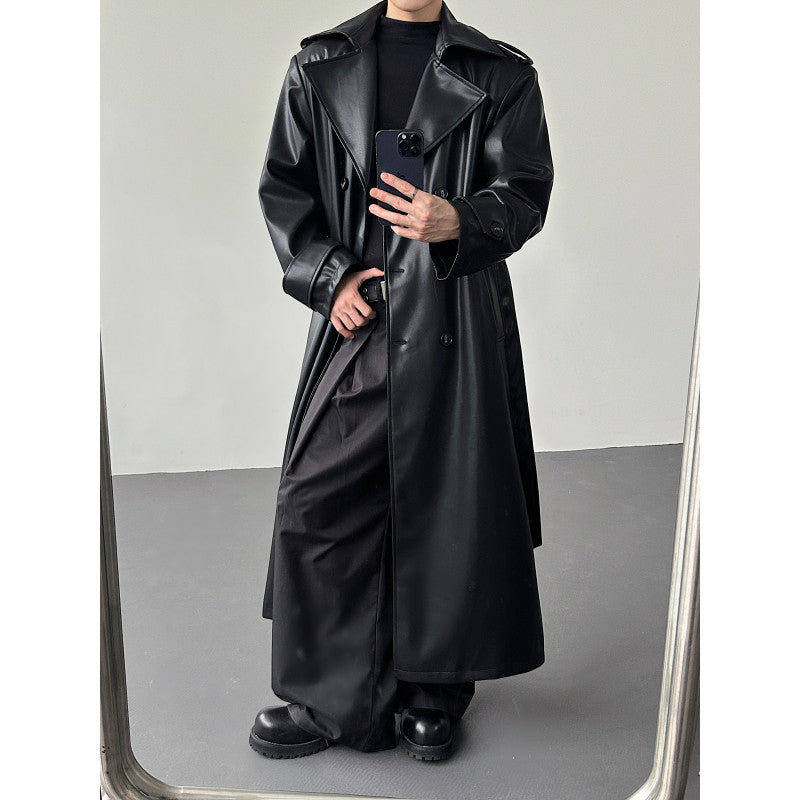 Manteau de tranchée longue en cuir à double bras pour hommes