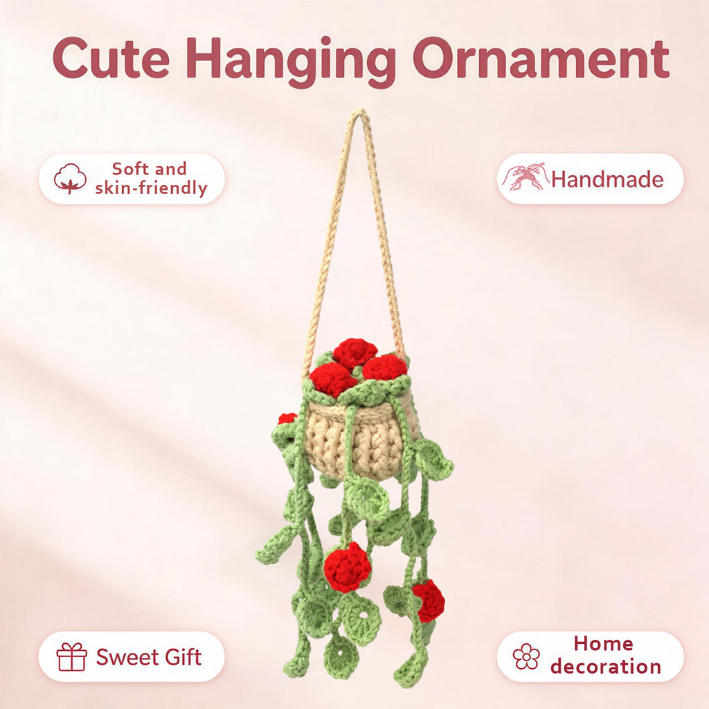 Crochet fait main Trailing Cœur Rouge Bud Vert Vigne Suspension Ornement Potté Fil doux Everl