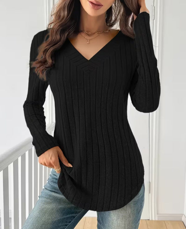Patchwork pour femmes V-Neck Ribbed Top