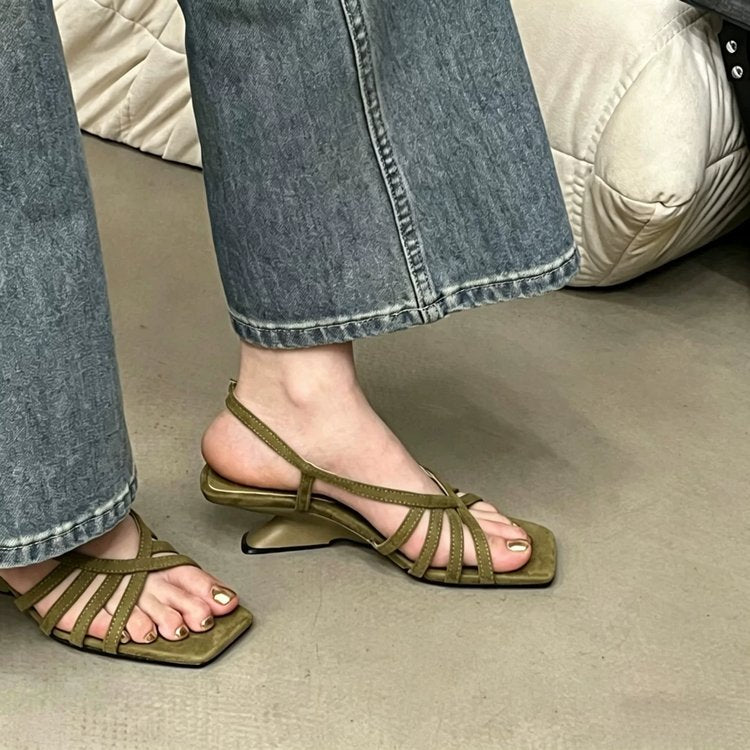 Style vacances d'été Woven Wedge Peep Toe Sandales