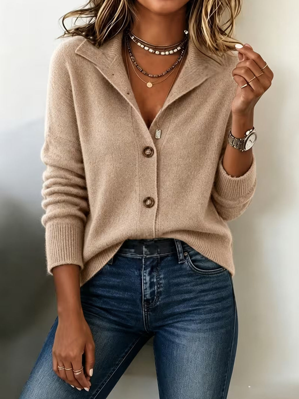 Style Retro pour femme Solid Color Stand Collar Cardigan