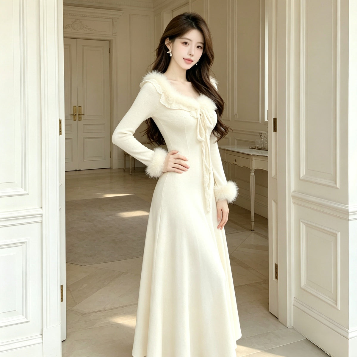 Robe longue flatteur en dentelle avec une vibe d'automne cozy