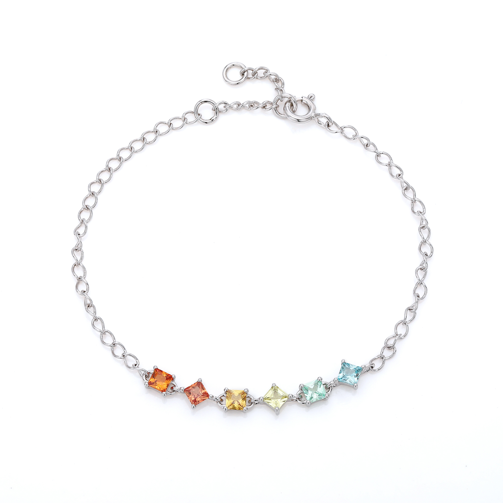 S925 Argent Sterling Rainbow Lab-Grown Bracelet de pierres précieuses 16cm carré coupe platine plaqué G